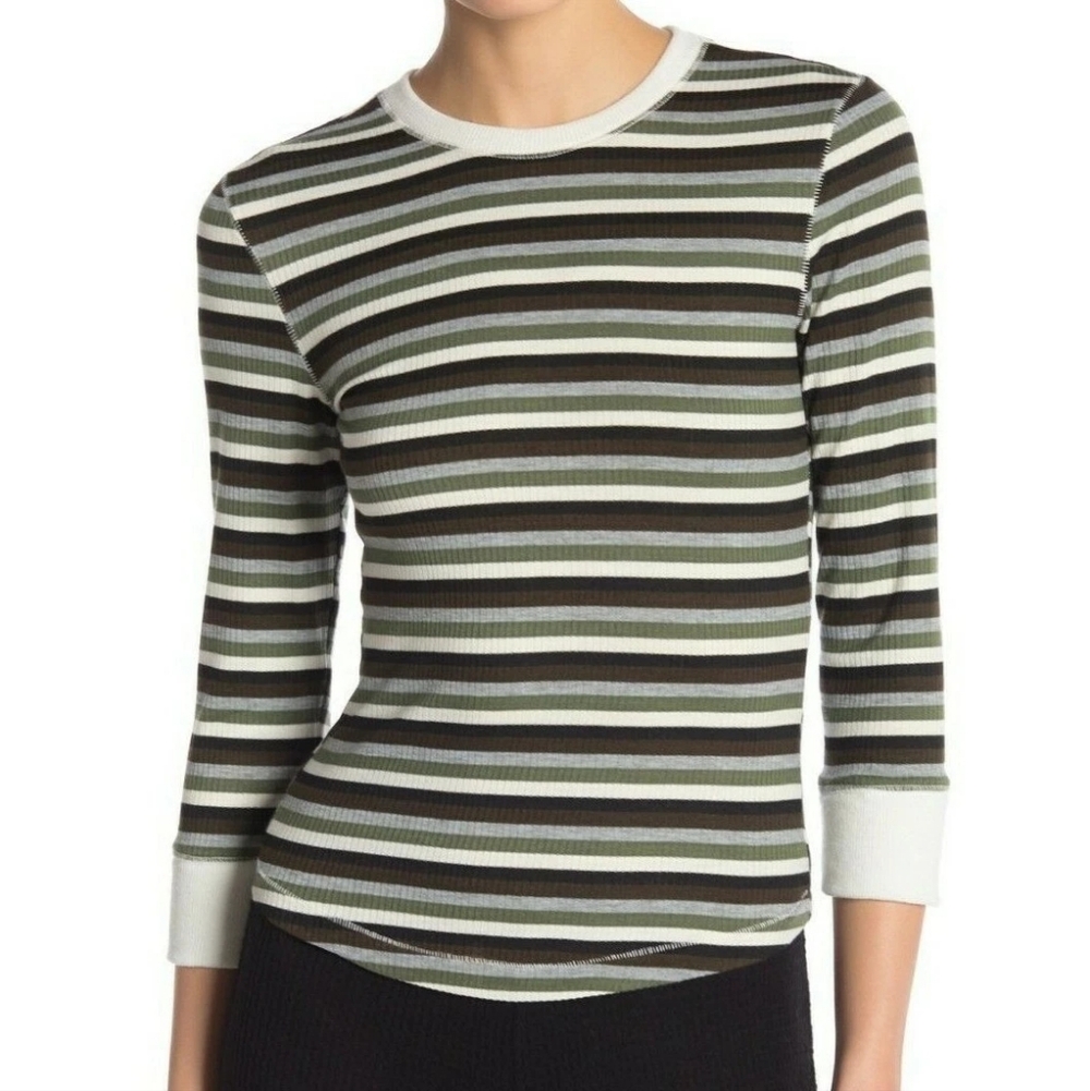 NWT Free People Good on You Army Green Stripe Round Hem Ribbed Tee Top - Picture 4 of 16